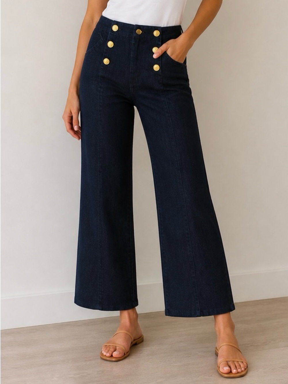 Kenar Cropped High Rise Jeans Size 6 Sailor Button Dark Denim